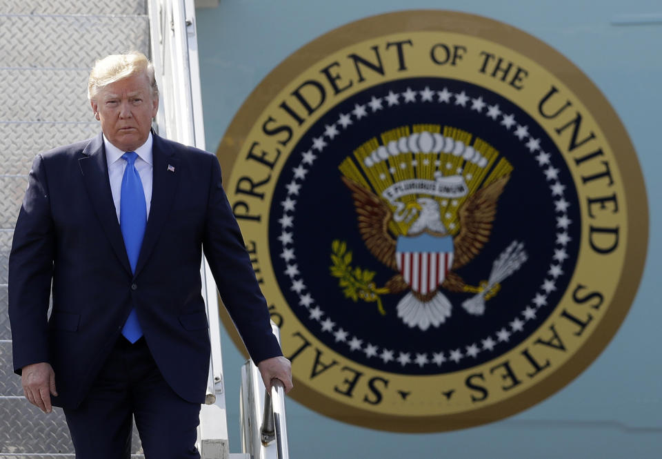 President Donald Trump and first lady Melania Trump arrive at Stansted Airport in England, Monday, June 3, 2019 at the start of a three day state visit to Britain. (Photo: Kirsty Wigglesworth/AP)