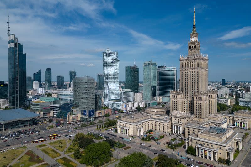 General view shows the city center with skyscrapers and comunist-era Palace of Culture and Science in Warsaw