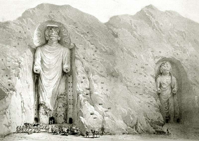 1832年，Alexander Burnes手繪的巴米揚大佛像（維基百科公有領域）