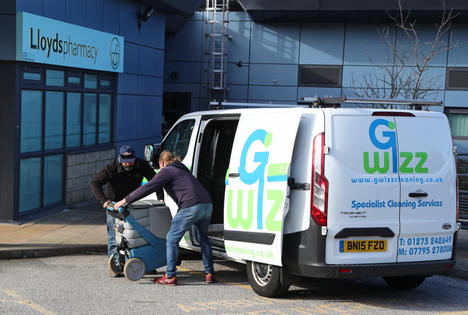 Cleaning equipment arrives at the County Oak Medical centre in Brighton, which remains temporarily closed "because of an urgent operational health and safety reason", following reports a member of staff there was one of those infected with coronavirus.