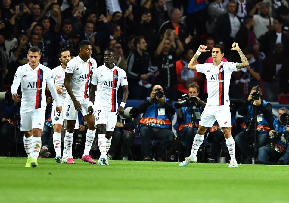 PSG's Angel Di Maria celebrates scoring against his former club. (Photo by Mustafa Yalcin/Anadolu Agency via Getty Images)