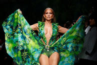 Jennifer Lopez presents a creation from the Versace Spring/Summer 2020 collection during fashion week in Milan, Italy September 20, 2019. REUTERS/Alessandro Garofalo