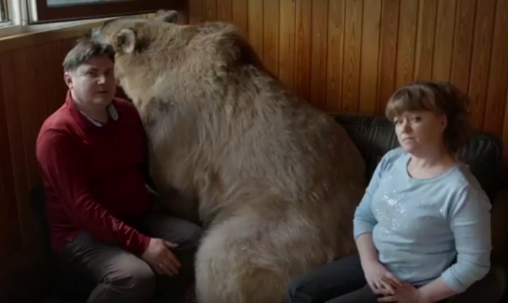 Yuri and Svetlana Jilly chillin’ on the couch with their pet bear, Stepan. (Photo: Channel 4)