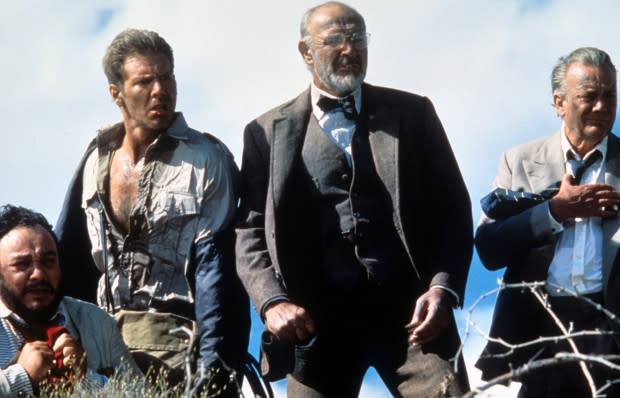 John Rhys Davies, Harrison Ford, Sean Connery and Denholm Elliott in "Indiana Jones and the Last Crusade"<p><a href="https://www.gettyimages.com/detail/news-photo/john-rhys-davies-harrison-ford-sean-connery-and-denholm-news-photo/168582617" rel="nofollow noopener" target="_blank" data-ylk="slk:Paramount/Getty Images;elm:context_link;itc:0;sec:content-canvas" class="link ">Paramount/Getty Images</a></p>