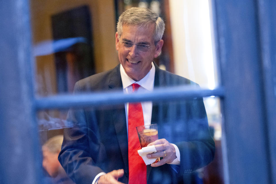 FILE - Georgia Secretary of State Brad Raffensperger talks with supporters during an election night party on May 24, 2022, at a restaurant in Peachtree Corners, Ga. (AP Photo/Ben Gray, File)