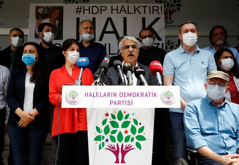 Co-leaders of the pro-Kurdish Peoples' Democratic Party (HDP) Pervin Buldan and Mithat Sancar attend a news conference in Ankara