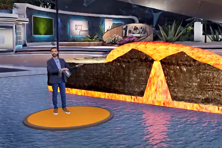 El periodista junto a un volcán virtual.