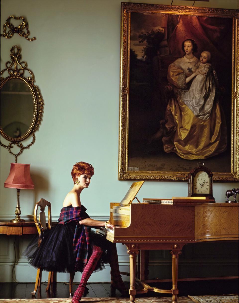 “That short tulle dress accessorized with the tartan shawl is one of my favorite images of all time. Linda gives everything wit and humor, not least here. The hilarious Lucille Ball red hair reference in that collection was intended as a wet dream about Scotland.”