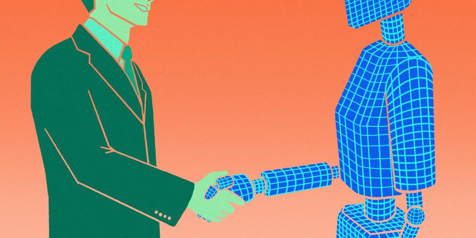 An illustration of a person in a suit shaking hands with a wireframe robot silhouette.