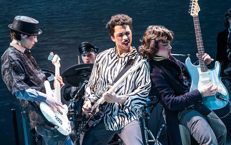 <div class="inline-image__caption"><p>(l to r) Sam Poon, drummer Anthony Genovesi, Jakeim Hart, and Gian Perez in “Sing Street.”</p></div> <div class="inline-image__credit">Mathew Murphy</div>