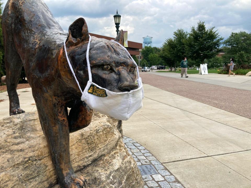 A statue of a catamount at the University of Vermont sports a mask on the first day of move-in for students on Tuesday, Aug. 25, 2020.