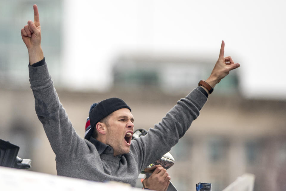 Tom Brady celebrated Super Bowl victory No. 5 after a ferocious comeback against the Atlanta Falcons, 34-28 in overtime in Super Bowl LI. (Photo by Billie Weiss/Getty Images)