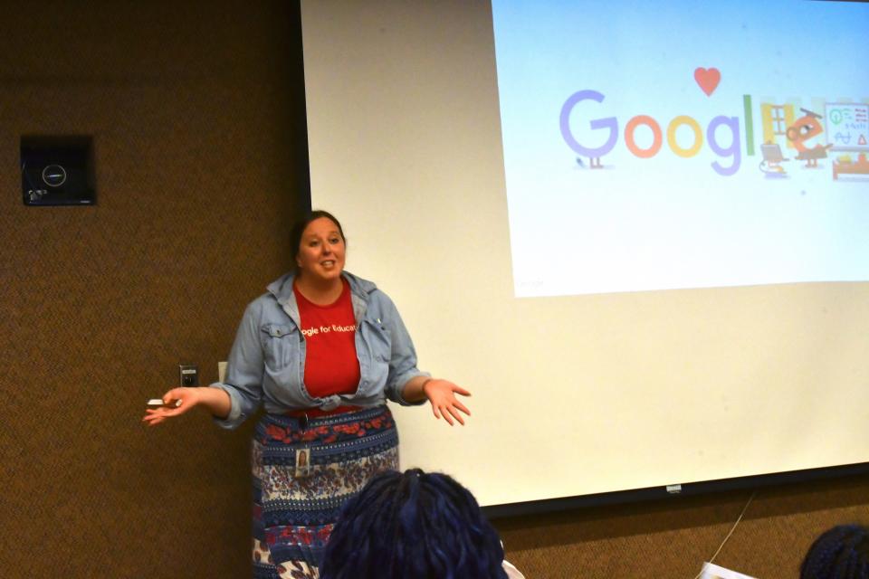 Google for Education Regional Project Manager Danielle Pinta, leads a presentation to Pueblo D60 students about what it's like to work at Google.