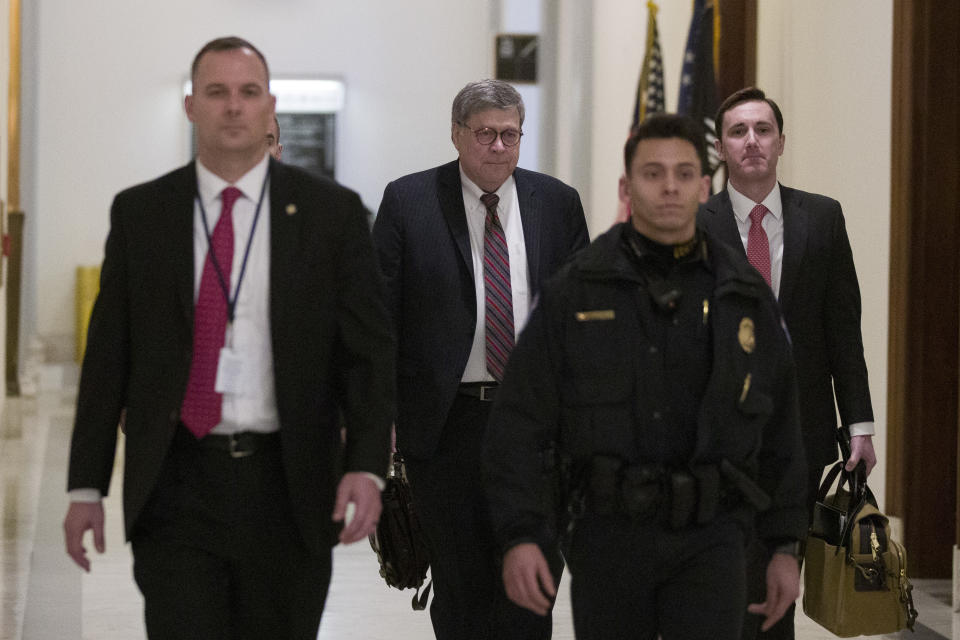 Attorney General nominee William Barr , second from left, arrives to meet with Sen. Ben Sasse, R-Neb., on Capitol Hill, Wednesday, Jan. 9, 2019 in Washington. (AP Photo/Alex Brandon)