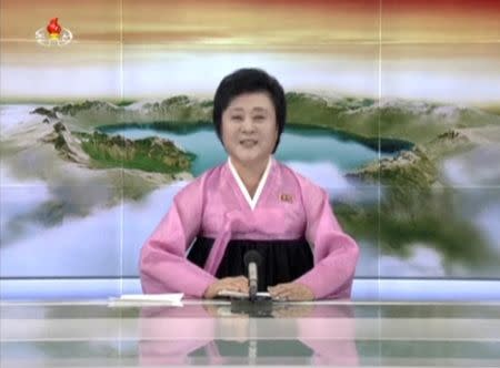 FILE PHOTO: A North Korean KRT TV presenter announces the successful launch of a new intercontinental ballistic missile in this July 4, 2017 still image taken from TV. KRT/via REUTERS/File Photo