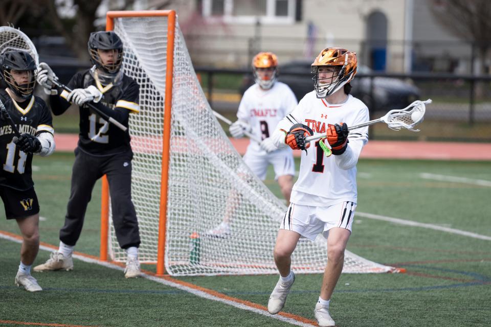 Apr 6, 2024; Tenafly, NJ, USA; West Milford boys lacrosse at Tenafly. T #1 Cooper Roberts.