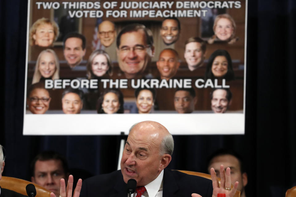 Rep. Louie Gohmert, R-Texas, speaks during a House Judiciary Committee markup of the articles of impeachment against President Donald Trump, on Capitol Hill, Thursday, Dec. 12, 2019, in Washington. (AP Photo/Alex Brandon)