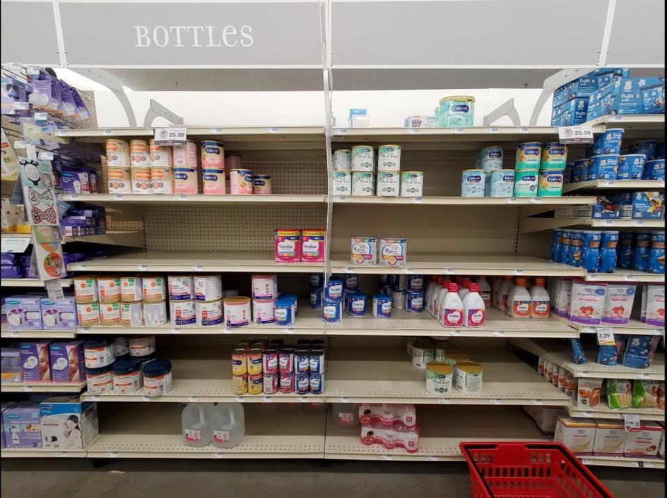 The Hy-Vee on South Marion Road in Sioux Falls has a little less than 50% of shelf space free in the baby formula section on Monday, May 9.