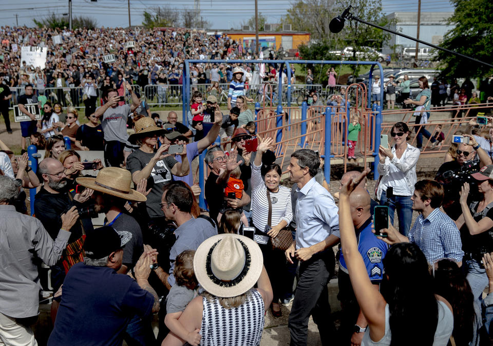 Beto O'Rourke, the 2018 Democratic candidate for U.S. Senate in Texas, arrives to a rally at the Pan American Neighborhood Park in Austin, Texas, on Sunday, Nov. 4, 2018. (Nick Wagner/Austin American-Statesman via AP)