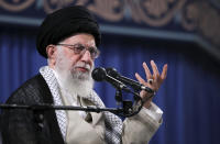 In this photo released on Wednesday, May 22, 2019 by the official website of the office of the Iranian supreme leader, Supreme Leader Ayatollah Ali Khamenei speaks to a group of students in Tehran, Iran. Khamenei publicly chastised the country's moderate president and foreign minister Wednesday, saying he disagreed with the implementation of the 2015 nuclear deal they had negotiated with world powers. (Office of the Iranian Supreme Leader via AP)