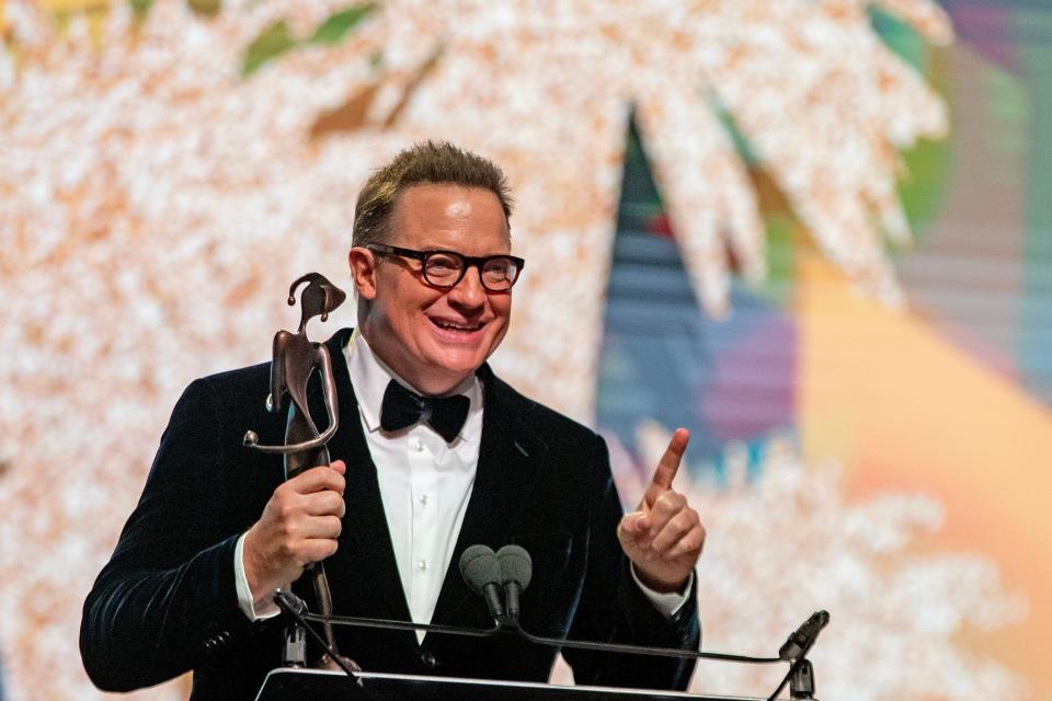 Brendan Fraser receives the Spotlight Award for his performance in "The Whale" during the 34th Annual Palm Springs International Film Festival in Palm Springs, Calif., on Thursday, Jan. 5, 2023. 