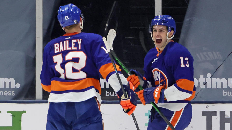 New York Islanders star Mathew Barzal did his best MLB impression Thursday against the Washington Capitals. (Bruce Bennett/Getty Images)