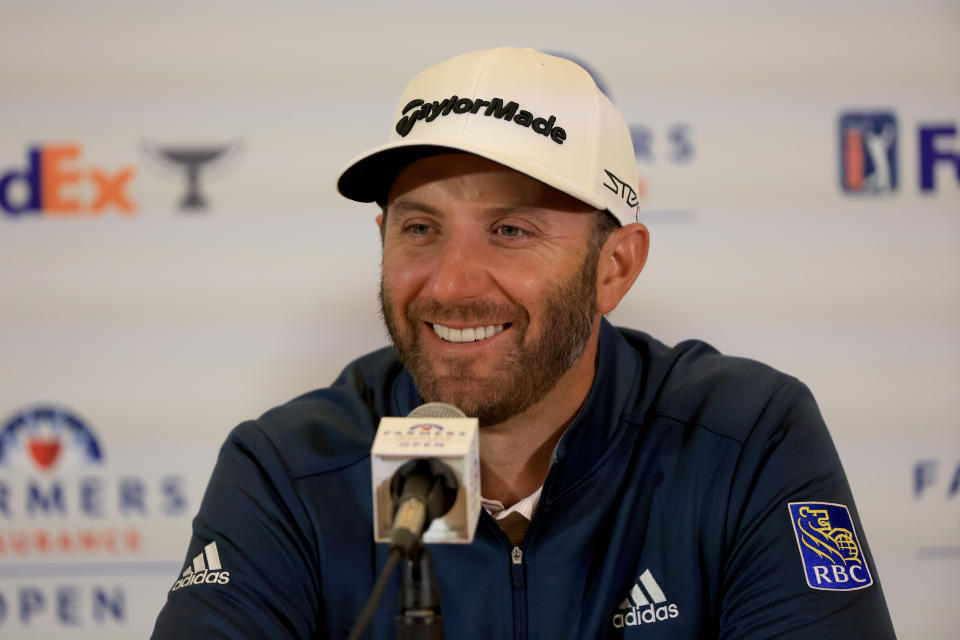 Dustin Johnson speaks to the media prior to The Farmers Insurance Open at Torrey Pines Golf Course in La Jolla, California. (Photo by Sam Greenwood/Getty Images)
