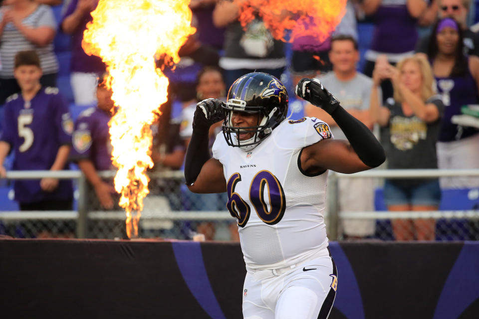 Eugene Monroe during the first half of an NFL pre-season game at M&T Bank Stadium on August 7, 2014 in Baltimore, Maryland.