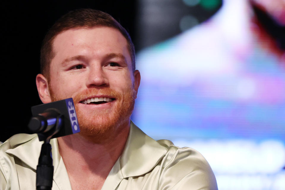 NEW YORK, NEW YORK - AUGUST 15: Canelo Alvarez speaks to media during a press conference to preview their September 30 super middleweight undisputed championship fight against Jermell Charlo at Palladium Times Square on August 15, 2023 in New York City. (Photo by Sarah Stier/Getty Images)