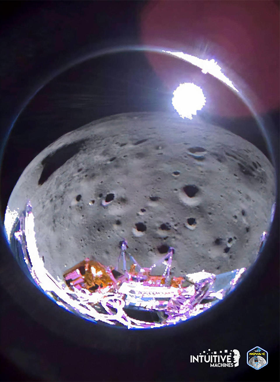 The Odysseus lunar lander takes picture after falling sideways (Intuitive Machines via AP)