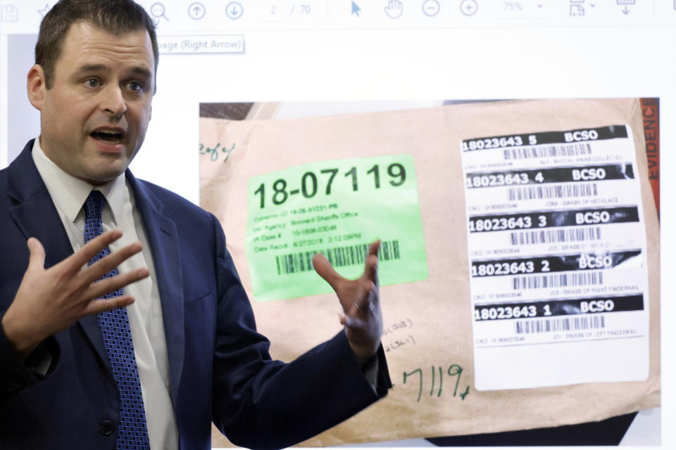 Shooting suspect Michael Boatwright's attorney, Joseph Kimok, speaks about DNA swabs taken from the victim that do not contain his client's DNA, during his closing argument in the XXXTentacion murder trial at the Broward County Courthouse in Fort Lauderdale, Fla., Wednesday, March 8, 2023. Emerging rapper XXXTentacion, born Jahseh Onfroy, 20, was killed during a robbery outside of Riva Motorsports in Pompano Beach in 2018, allegedly by defendants Boatwright, Trayvon Newsome, and Dedrick Williams. (Amy Beth Bennett/South Florida Sun-Sentinel via AP, Pool)