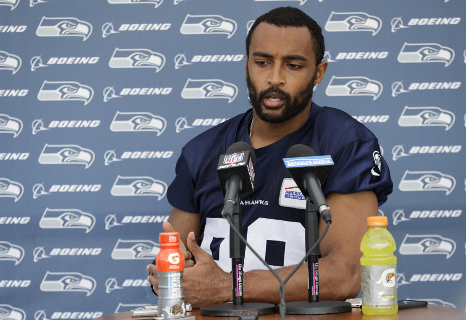 Seattle Seahawks wide receiver Doug Baldwin reacted to Donald Trumps comments regarding the national anthem protests to reporters following practice on Thursday. (AP Photo/Ted S. Warren)