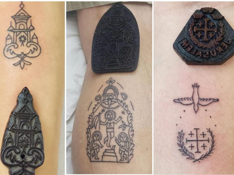 Three photos of tattoos are seen in a photo collage