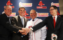 BOSTON, MA - DECEMBER 01: (L-R) President and CEO of the Red Sox Larry Lucchino, Executive Vice President and General manager Ben Cherington, Bobby Valentine and Principal Owner John Henry attend a press conference announcing Valentine as the new manager of the Boston Red Sox during a press conference at Fenway Park on December 1, 2011 in Boston, Massachusetts. (Photo by Elsa/Getty Images)