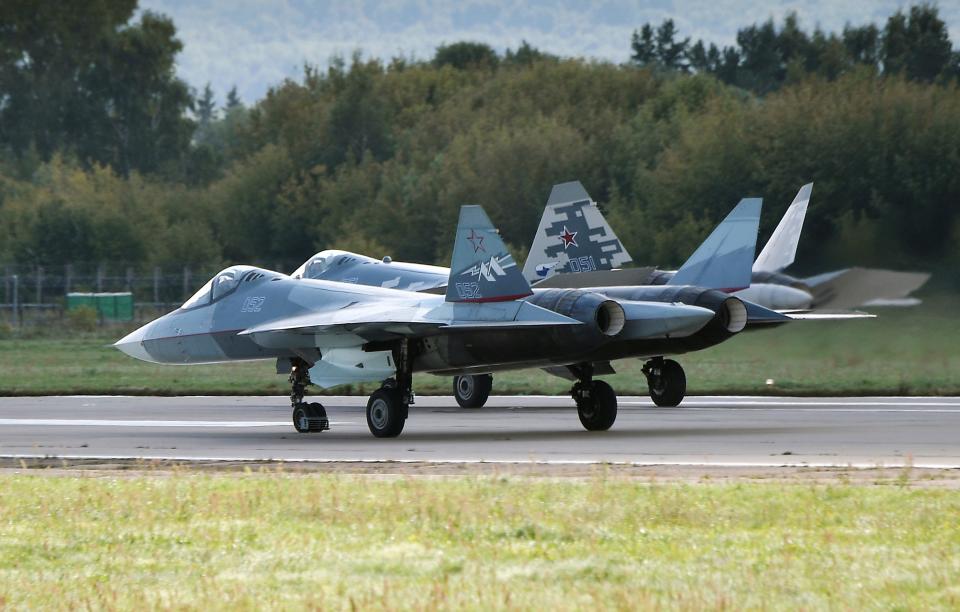 Sukhoi Su-57 fifth-generation fighters take off during the MAKS-2019 International Aviation and Space Show in Zhukovsky, outside Moscow on Aug. 27, 2019.