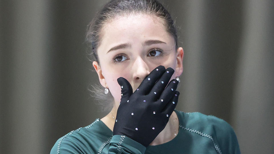 Seen here, Russian teen figure skater Kamila Valieva practices at the 2022 Winter Olympics.