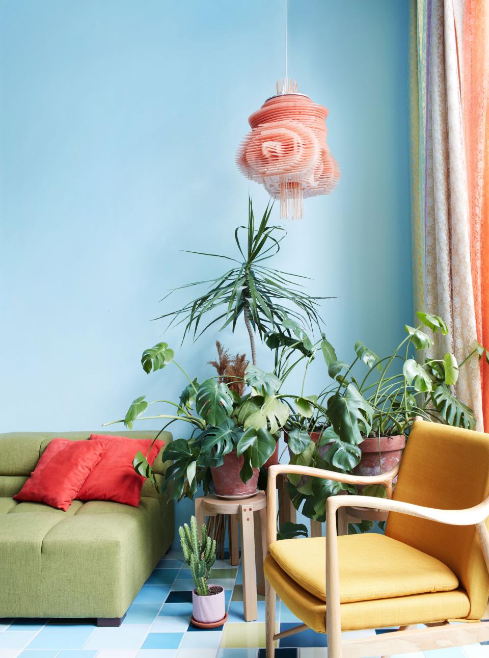 Plants flourish in a corner of the sun-filled living space.