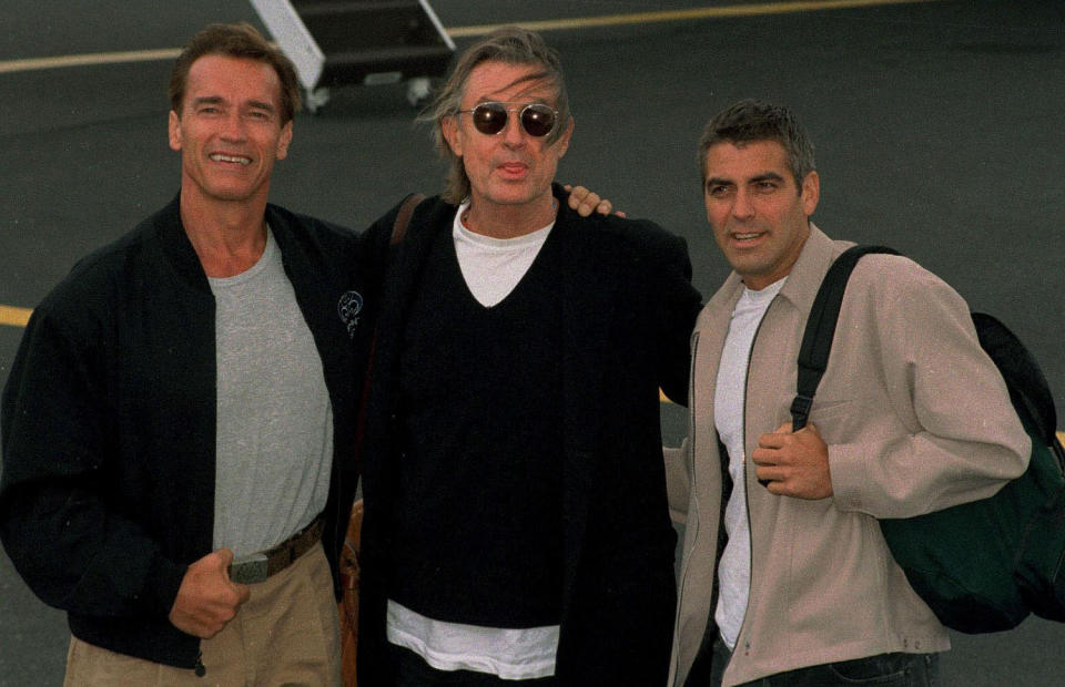 Joel Schumacher promoting Batman And Robin with Arnold Schwarzenegger and George Clooney (Credit: Rex Features)