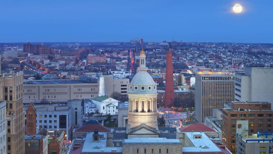 elevated evening view of east baltimore