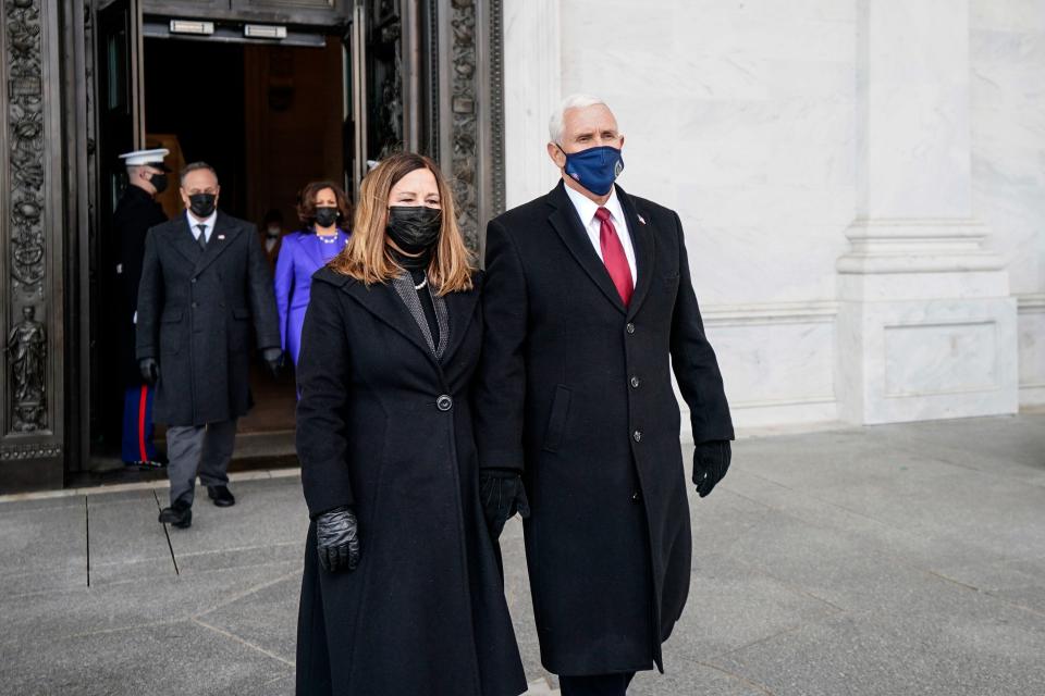 <p>File Image: Former Vice President Mike Pence and his wife, Karen Pence, after the inauguration of President Joe Biden on 20 January 2021 in Washington, DC.</p> (Getty Images)