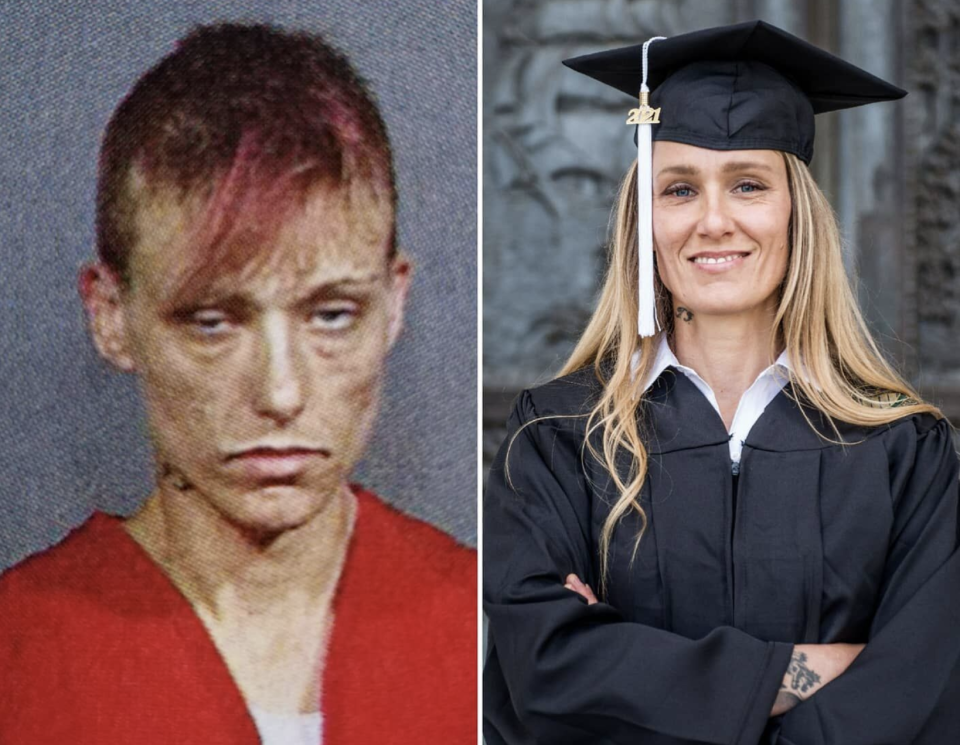 Ginny is seen (left) in a mugshot from 2005 during the peak of her addiction and on her university graduation day (right).
