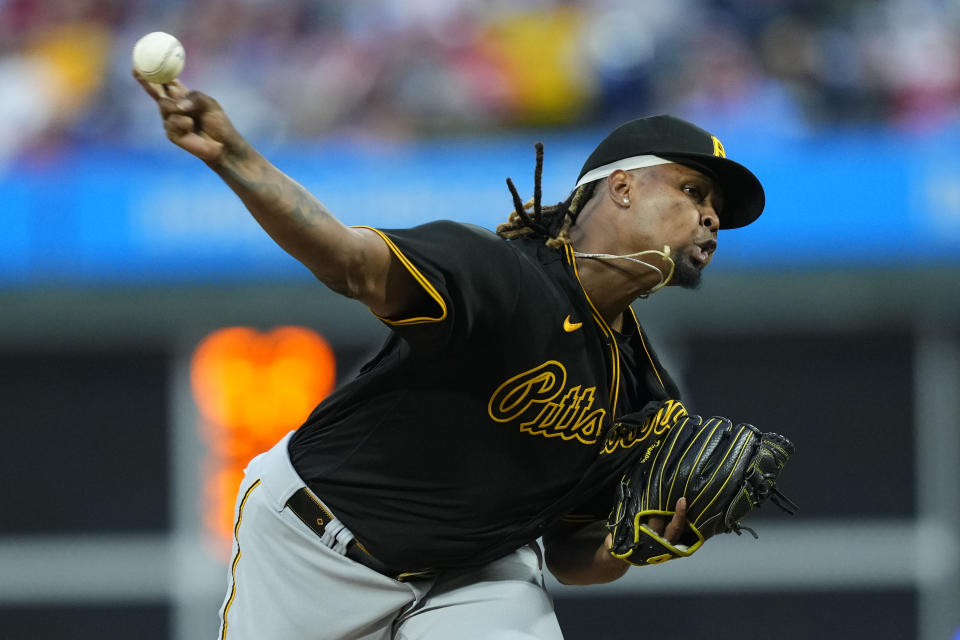 Pittsburgh Pirates' Luis Ortiz pitches during the first inning of a baseball game against the Philadelphia Phillies, Thursday, Sept. 28, 2023, in Philadelphia. (AP Photo/Matt Rourke)