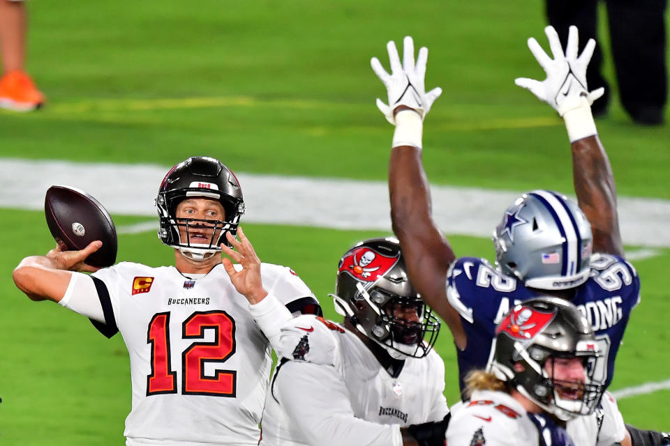 Buccaneers quarterback Tom Brady passes against the Cowboys during the first quarter at Raymond James Stadium on Sept. 9, 2021 in Tampa, Florida. (Photo by Julio Aguilar/Getty Images)