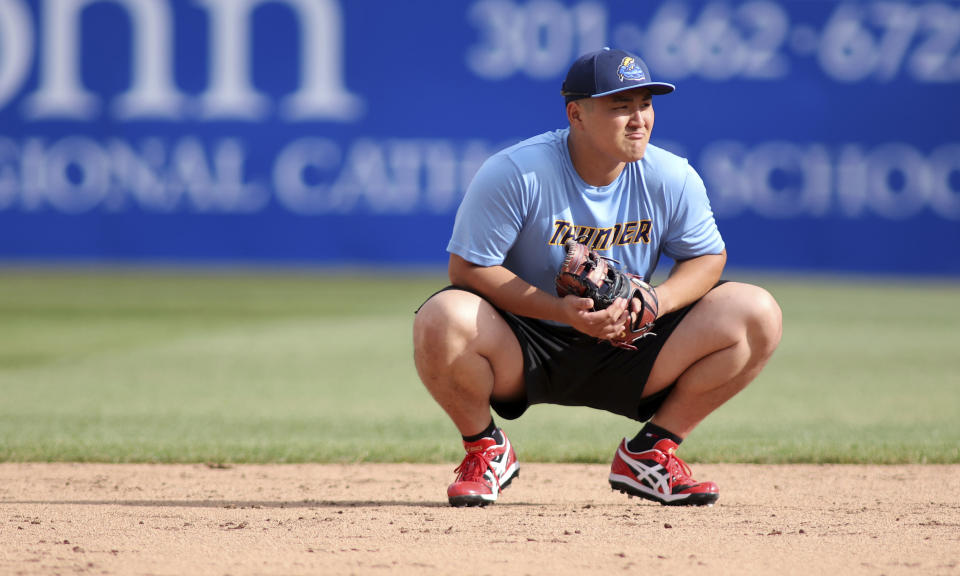 Trenton Thunder first baseman Rintaro Sasaki (49) looks on before a baseball game against the Frederick Keys, Tuesday, June 11, 2024, in Frederick, Md. The 19-year-old prospect will make his U.S. debut Tuesday in the MLB Draft League, playing for the Trenton Thunder of New Jersey along with others hoping to one day develop into major leaguers.(AP Photo/Daniel Kucin Jr.)