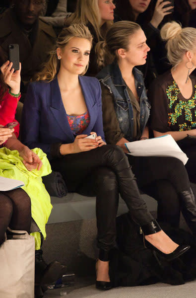 <b>Maggie Grace </b><br><br>The Twilight actress sported a navy blue blazer, floral top, leather trousers and pointed heels at the Richard Chai LOVE show.<br><br>Image © Rex