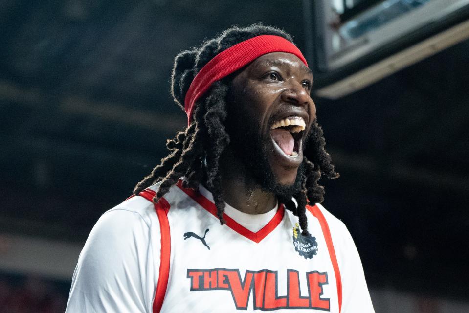 The Ville's Montrezl Harrell celebrates after a call during a first-round TBT game against UKnighted on Saturday at Freedom Hall. Harrell had a team-high 20 points and nine rebounds.