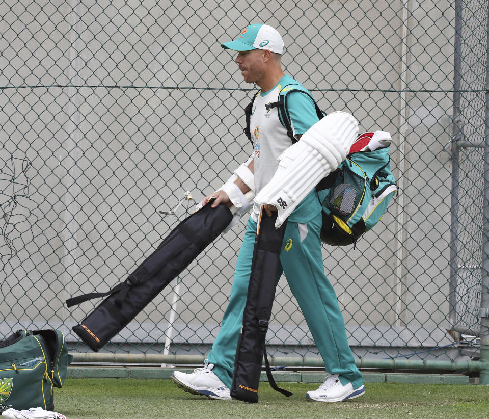 Australia's Dave Warner prepares to bat during their training session at the Gabba ahead of the first Ashes cricket test in Brisbane, Australia, Monday, Dec. 6, 2021. (AP Photo/Tertius Pickard)