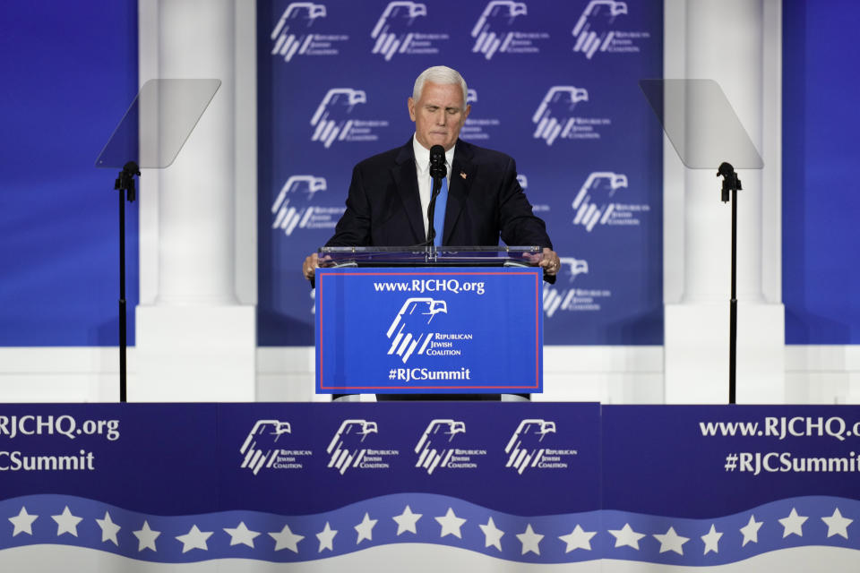 Former Vice President Mike Pence speaks at an annual leadership meeting of the Republican Jewish Coalition, Saturday, Oct. 28, 2023, in Las Vegas. Pence is dropping his bid for the Republican presidential nomination, ending his campaign for the White House after struggling to raise money and gain traction in the polls. He said in Las Vegas that "after much prayer and deliberation, I have decided to suspend my campaign for president effective today." (AP Photo/John Locher)