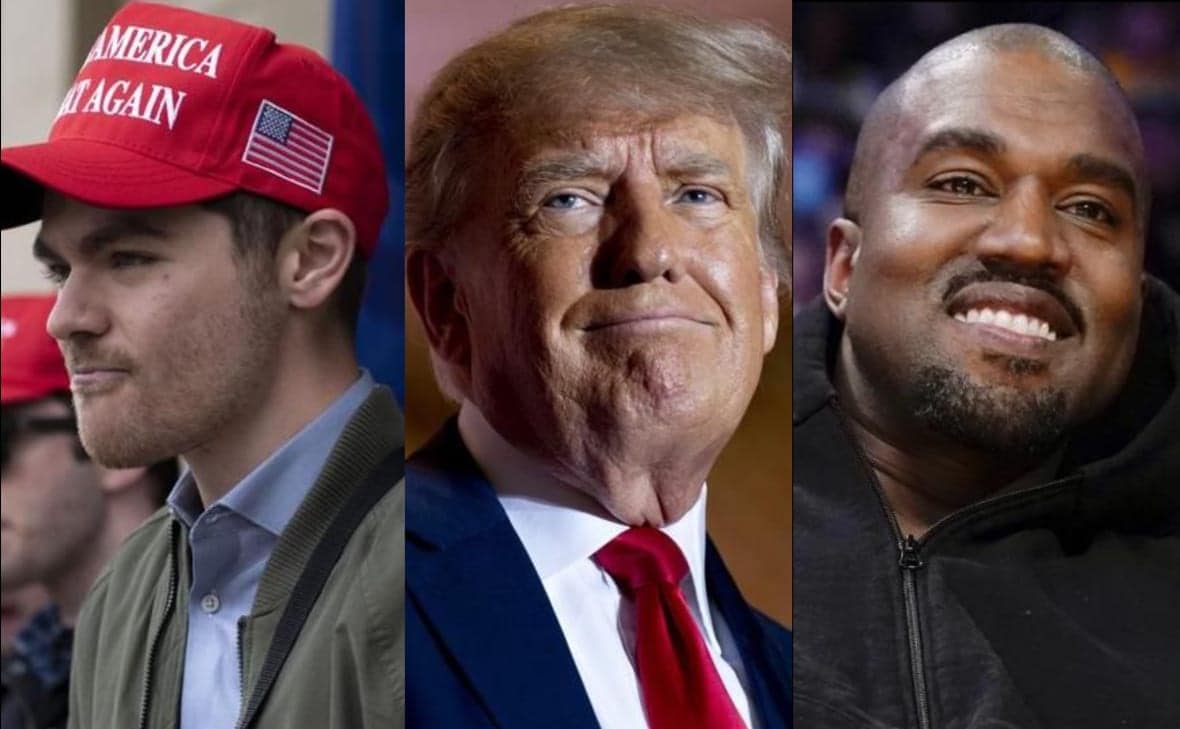 Nick Fuentes (left), former President Donald Trump (middle) and Ye, formerly known as Kanye West (AP Photos)