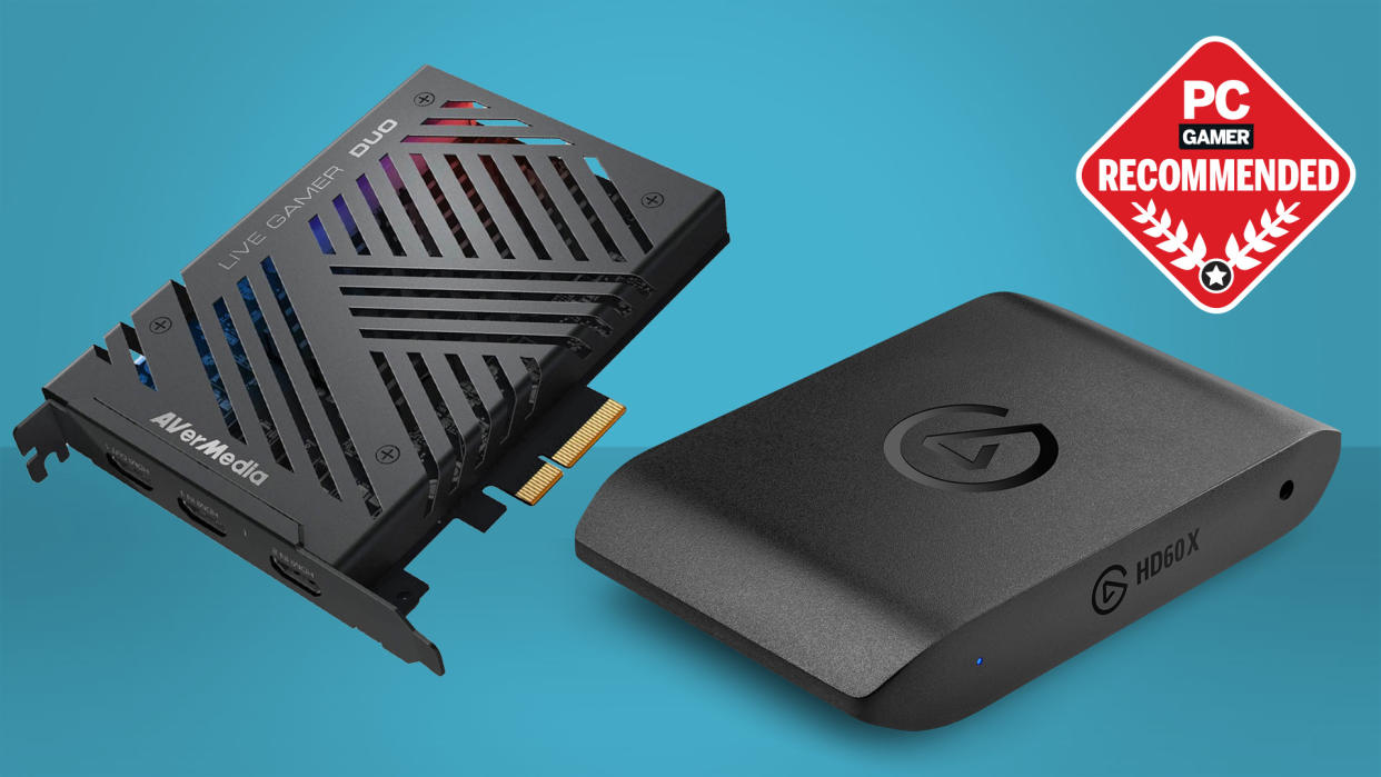  Best capture card buying guide header with Elgato and Avermedia buying guides on a blue background with PC Gamer recommended badge 